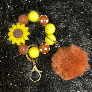 Sunflower Charm Keychain Bracelet with Pom Pom